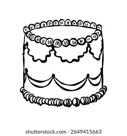 Whimsical cake. Vintage style minimalist outline ink elegant element. Trendy retro coquette line food. Hand drawn antique isolated vector illustration. Old party birthday, anniversary, wedding design