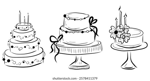 Whimsical Cakes Set Hand drawn Illustration, Doodle for Wedding Invitations, Menu, Bridal Invites, Rehearsal Dinner, Wedding Party, Bachelorette Party, Birthday Cakes