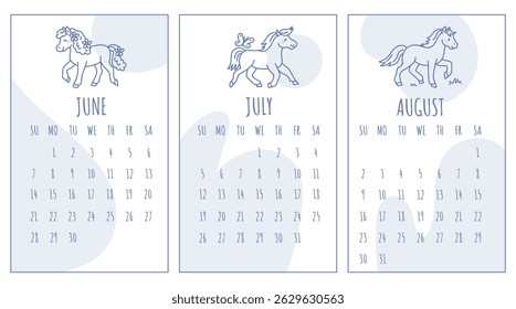 Whimsical calendar pages for June, July, and August with playful horse illustrations and soft blue tones