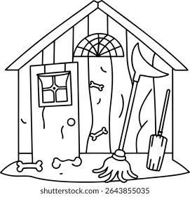 Whimsical Canine Abode A Cartoonish Doghouse Scene with a Mop Shovel and Playful Bone Accents Ideal for Children's Coloring Books and Creative Projects Featuring Animal Shelters