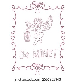 Whimsical Cards for Valentines Day. Line Art Illustration.