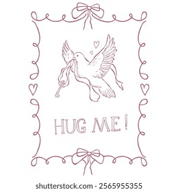 Whimsical Cards for Valentines Day. Line Art Illustration.