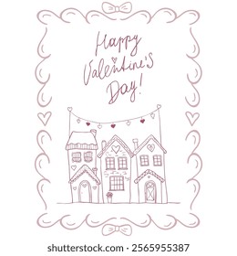 Whimsical Cards for Valentines Day. Line Art Illustration.