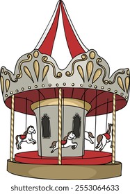 A whimsical carousel with a vintage design, featuring galloping horses on poles, a decorated canopy, and a red-and-gold color scheme vector illustration. Perfect for a nostalgic carnival or fairground