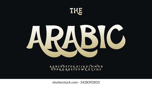 Whimsical cartoon alphabet, opulent Arabic calligraphy, gold swash letters, chic comic type for enchanting logos, engaging headlines, decorative design. Vector typeset.