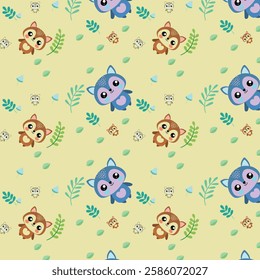 Whimsical Cartoon Animals and Foliage Pattern on Light Yellow Background