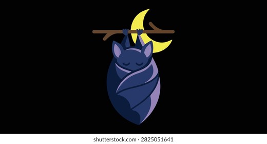 Whimsical cartoon bat hanging upside down beneath a tree branch against a dark night backdrop with a glowing full moon.