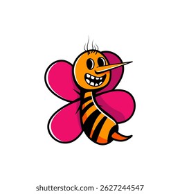 A whimsical cartoon bee with an orange body and smiling face is nestled within large pink flower petals. The playful design features bold colors and a fun character.