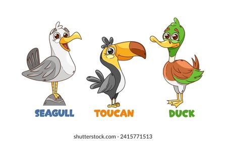 Whimsical Cartoon Birds Characters, Carefree Seagull, Vibrant Toucan With A Colorful Beak, And A Quacking Duck