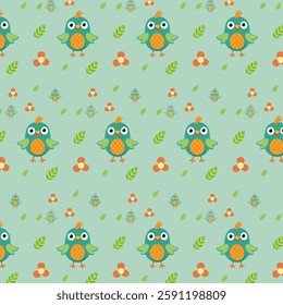 Whimsical Cartoon Birds, Flowers, and Leaves Seamless Pattern on Mint Green Background
