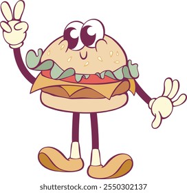 Whimsical cartoon burger character in retro groovy style