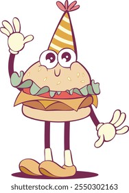 Whimsical cartoon burger character in retro groovy style