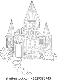 Whimsical Cartoon Castle Outline, Simple black and white line drawing of a fantasy castle with ornate details, towers, windows, and a path leading to the entrance. Perfect for coloring books or