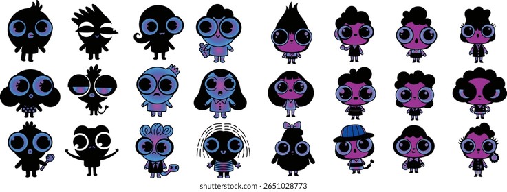 Whimsical Cartoon Character Collection Playful and Imaginative Design Featuring Diverse Creatures with Bold Colors and Expressive Eyes