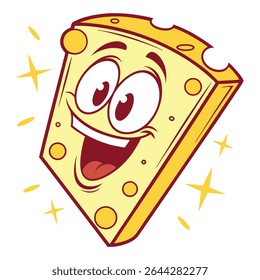 A whimsical cartoon cheese wedge joyfully smiles, its expression radiates happiness amidst a scattering of bright, glowing stars. 