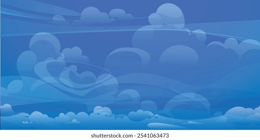 whimsical cartoon clouds against a serene blue sky background, perfect for playful designs, children's themes, and cheerful visuals