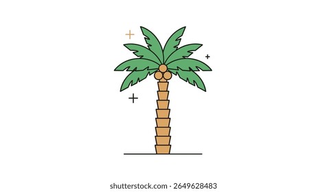 A whimsical cartoon coconut palm tree with tropical coconuts and lush green leaves in a simple flat design style