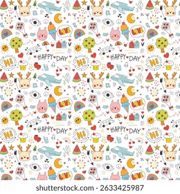 Whimsical Cartoon Collage Colorful Fun Doodle  seamless pattern Background