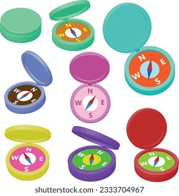 Whimsical cartoon compass set: cute, colorful designs bring joy while indicating cardinal directions. Fun and educational for kids and cartoon enthusiasts. Navigational tool. Compass icon.