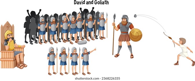 A whimsical cartoon depiction of the biblical story of David and Goliath