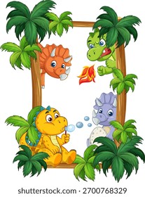 Whimsical cartoon dinosaurs with playful expressions in vibrant, lush jungle foliage vector illustration.