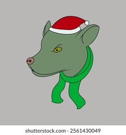 Whimsical cartoon dog in Santa hat and green scarf. Playful animal character. Vector illustration.