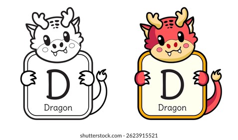 Whimsical cartoon dragon holding the letter D, adds a magical touch to children's alphabet education.