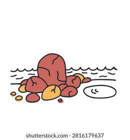 A whimsical cartoon drawing featuring a cluster of rounded red and yellow stones situated along a wavy shoreline with a small pebble nearby.
