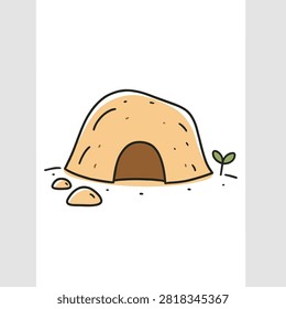 A whimsical cartoon drawing of a sandy mound with a dark entrance, featuring a small green sprout and scattered pebbles on a white background.
