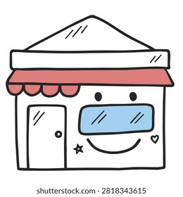 A whimsical cartoon drawing of a store facade with a happy face, featuring a red awning, a door, and a wide blue window, outlined in a simple artistic style.