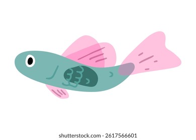 Whimsical cartoon fish with pink fins and stylized internal organs. Flat vector illustration perfect for children s designs, educational materials, and underwater themes.