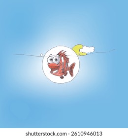 Whimsical Cartoon Fish Surrounded by Bubbles Under a Clear Blue Sky  