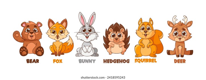 Whimsical Cartoon Forest Animal Characters. Cute Charming Bear, Fox, Hedgehog and Bunny, Squirrel or Deer Personage