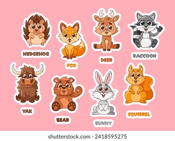 Whimsical Cartoon Forest Animal Characters Vector Stickers. Cute Charming Bear, Fox, Hedgehog and Raccoon, Patches Set