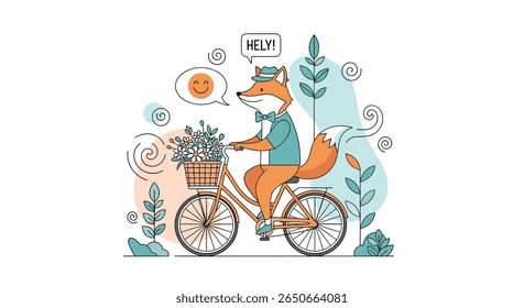 Whimsical cartoon fox riding bicycle through illustrated nature scene enjoying a sunny day