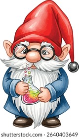 Whimsical cartoon gnome in a blue tunic holding a test tube, blending fantasy and science. Ideal for educational projects, childrens books, posters, or playful STEM-themed illustrations.