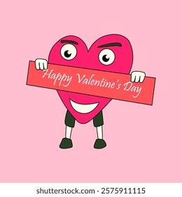 Whimsical cartoon heart with big eyes, holding a red banner with "Happy Valentine's Day" text. On pink background.