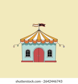 A whimsical cartoon illustration of a circus tent with a striped roof, flags, and string lights, set against a light yellow background.
