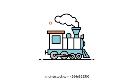 A whimsical cartoon illustration of a classic steam locomotive billowing white smoke as it travels down a railway track with a simple orange circle above it