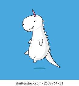 A whimsical cartoon illustration of a Dinocorn, a fun hybrid creature combining a dinosaur and unicorn, featuring a blue background. Perfect for children's products, fantasy themes, and playful design