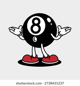 A whimsical cartoon illustration of an eight ball from a pool table, depicted as a character with arms and legs, shrugging its shoulders in a gesture of uncertainty or indifference. Billiard Retro Mascot Cartoon Character.