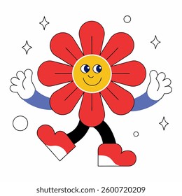A whimsical cartoon illustration features a flower character with a joyful expression. Its design embraces a retro style, reminiscent of the 1970s, complete with bold colors 