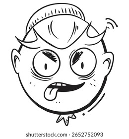 Uma ilustração de desenho animado caprichosa com um rosto pateta e alegre com expressões humorísticas exageradas, perfeito para projetos que precisam de um design de personagem divertido e alegre.