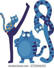 Eine skurrile Cartoon-Illustration mit drei blauen Katzen und einer blauen Schlange mit einem verspielten und eigenartigen Design auf weißem Hintergrund.
