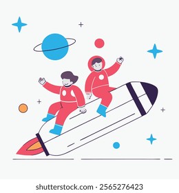 A whimsical cartoon illustration featuring two astronauts joyfully riding a giant letter 'G' through space. Perfect for children's books, educational materials, or playful space-themed 