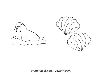 Whimsical cartoon illustration featuring a walrus resting alongside two shells in monochrome outline