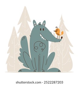 Whimsical cartoon illustration of a friendly wolf with a small bird perched on its nose, set in a simple forest backdrop.