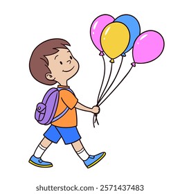 A whimsical cartoon illustration of a little boy joyfully soaring through the sky, carried by a bunch of vibrant, colorful balloons, evoking a sense of adventure and wonder.