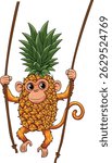 Whimsical cartoon illustration of a monkey with a pineapple for a body, swinging on vines. 
