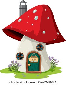 A whimsical cartoon illustration of a mushroom house with an open sign at the door